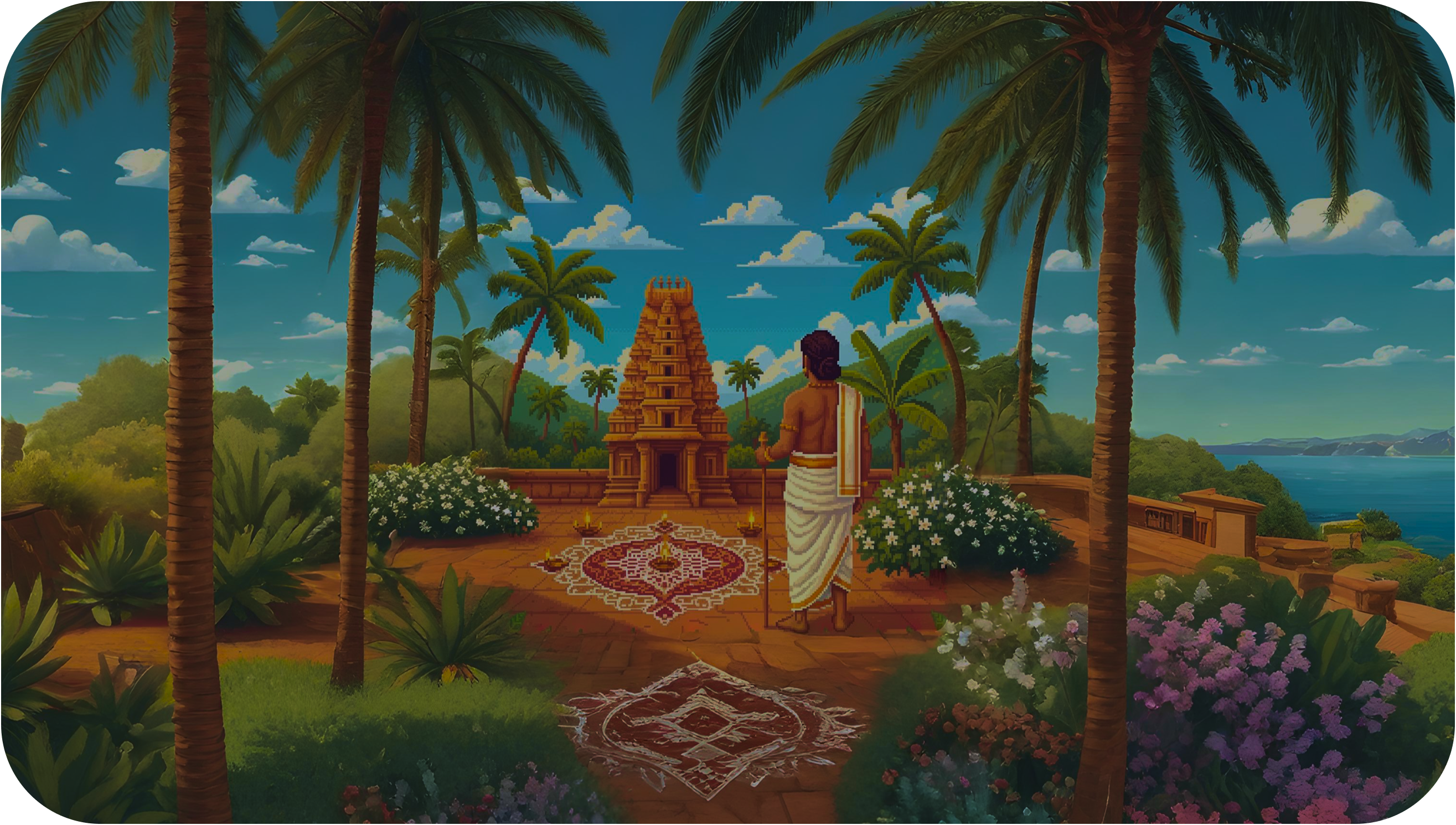 Traditional Indian temple scene with palm trees and kolam art